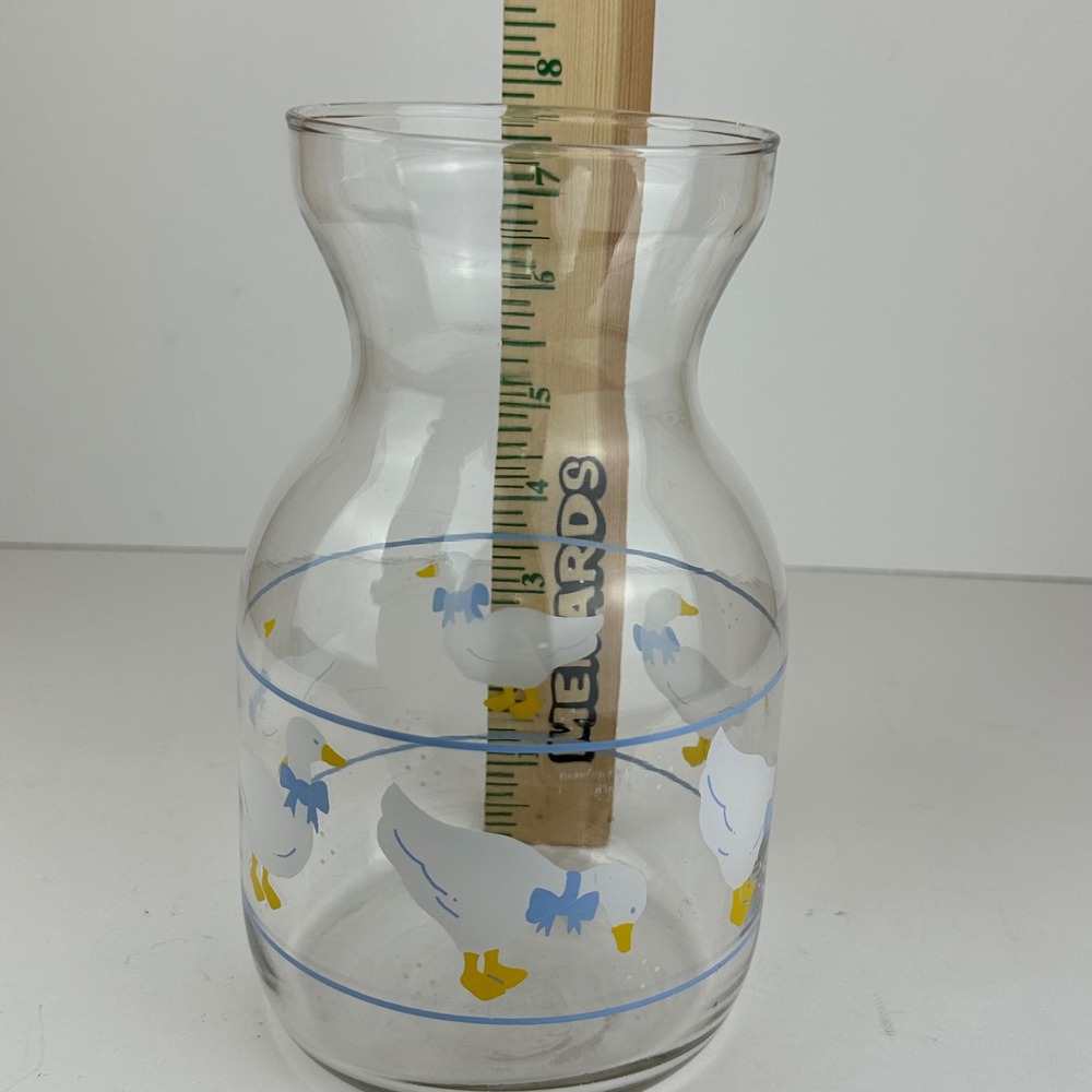 Vintage Clear Glass Goose Carafe Vase Blue Bow White Geese Cottagecore Farmhouse - Picture 6 of 8